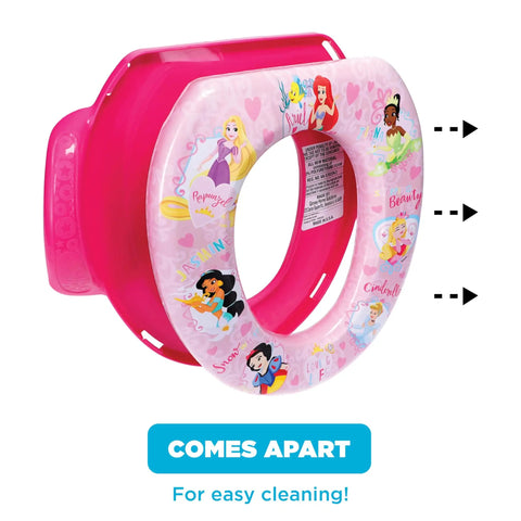 Toddler Potty Seat Featuring Disney Princess Loving Life Print with pink design, cushioned rim, and secure grip handles for training.