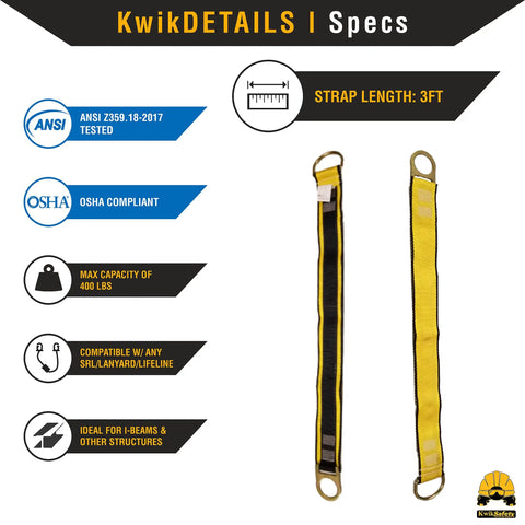 Specifications for All In One Safety Lanyard Kit With Harness And Anchor For Fall Protection External Shock Absorber Water Resistant Pro Grade OSHA ANSI Rated Gear, showing 3ft strap and compliance details.