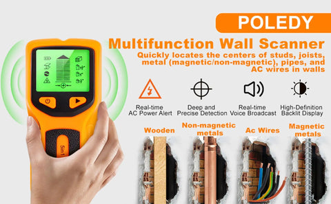 No Sweat 5 In 1 Handheld Stud Finder And Wall Scanner With Auto Calibrating Sensor displayed in hand with backlit screen showing detection icons.