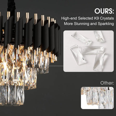 Close-up of Three Tier Black Rose Gold Crystal Chandelier with K9 crystals and comparison.