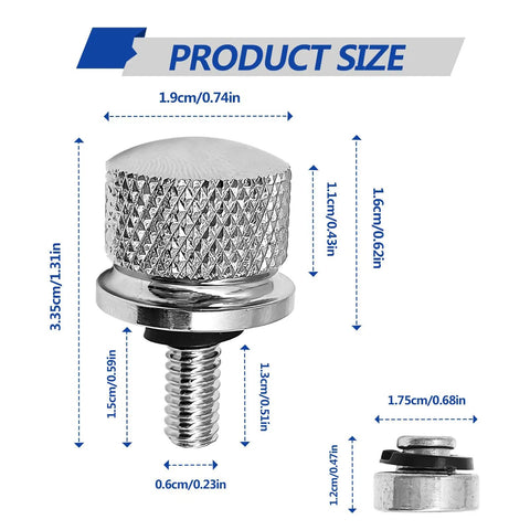 Stainless Motorcycle Seat Bolt Kit With 1/4-20 Threads product size diagram, aluminum alloy bolt and nylon washers, silver.