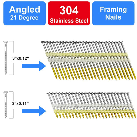 Top Shelf 304 Stainless Steel Framing Nails For Cordless Nail Guns Packing 21 Degree Collation 3x0.12 and 2x0.11 inch sizes.