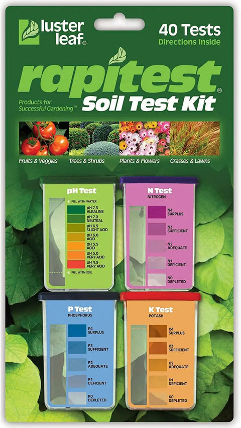 DIY All In One Soil Test Kit For Home Garden Care package with color comparators for soil pH and nutrients testing.
