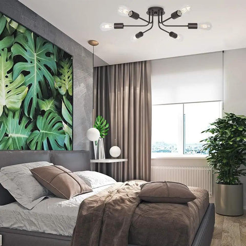 Six Light Sputnik Chandelier In Oil Rubbed Bronze Semi Flush Ceiling Light installed in a modern bedroom with large window