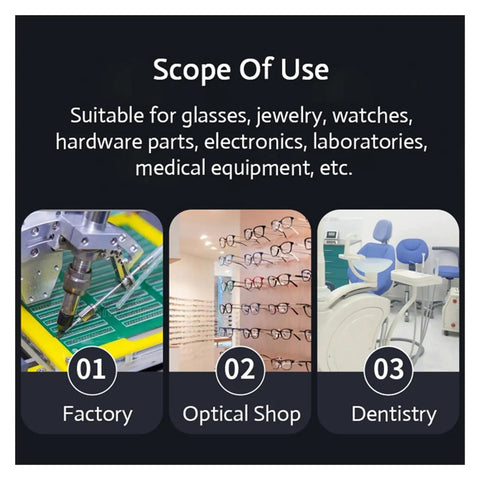 Top Notch Digital Ultrasonic Cleaner Bath For Jewelry Glasses And Manicure Stones shows its use in various fields like factory, optical shop, and dentistry.