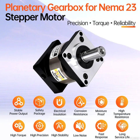 Image of a planetary gearbox for Nema 23 stepper motor with precision, torque, reliability icons and descriptions.