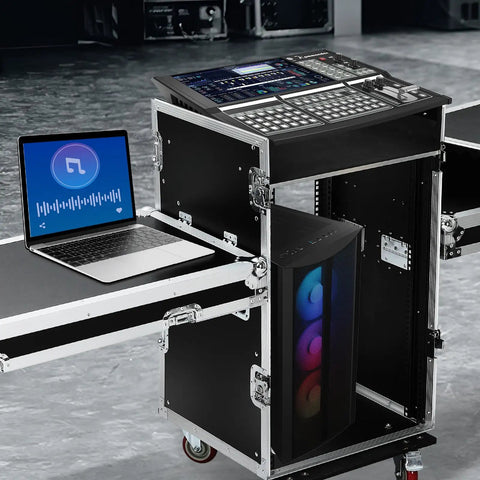 Slick Extra Heavy Duty 16U Rolling Rack Case With Six Smooth Casters And Two Folding Side Tables, holding a DJ mixer and laptop.