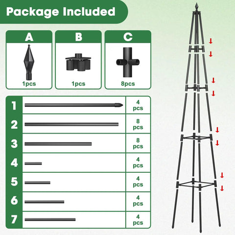 Package contents of Beefy 6 Foot Garden Trellis For Climbing Plants With Thickened 16mm Metal Pipes, assembly guide included.