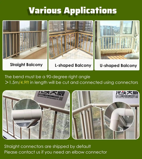 Various applications of No Drills No Drama Drill Free Balcony Guardrail for straight, L-shaped, and U-shaped balconies.