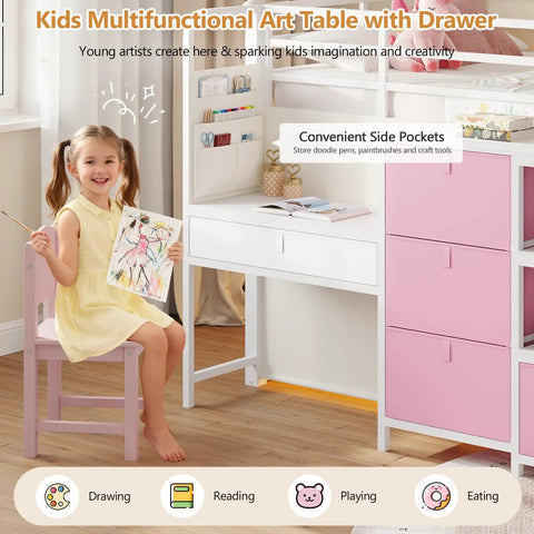 Low Loft Bed With Desk And Six Storage Drawers For Kids Space Saving Twin Loft Bed With Bookshelf LED Lights Under Bed Play Space Guardrail 13.8 Inches Inclined Ladder And Play Curtain Pink And White