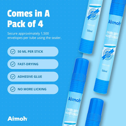 Quick Drying Envelope Moistener And Sealer With Ultra Fast Adhesive Glue For Letters And Mail Perfect For Home Office Ditch The Lick And Slap It On Dries Crystal Clear In Minutes 4 Pack of 50ml tubes on a blue background.