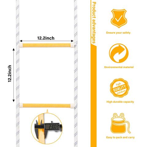 Emergency Fire Escape Rope Ladder 25 Feet With Flame Resistant Safety Extension Rope And 2 Hooks shown with advantages list