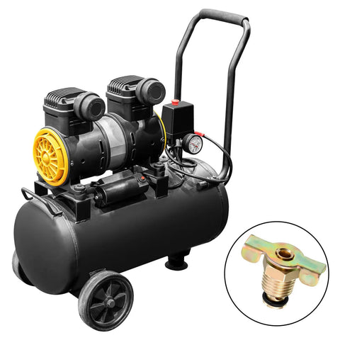 Air compressor with inset image of a Three Pack Brass Air Compressor Drain Valve With Wing Nut Handle One Quarter Inch NPT Inlet Tank Drain Cock for Quick Draining and Durable Rust Resistant Performance
