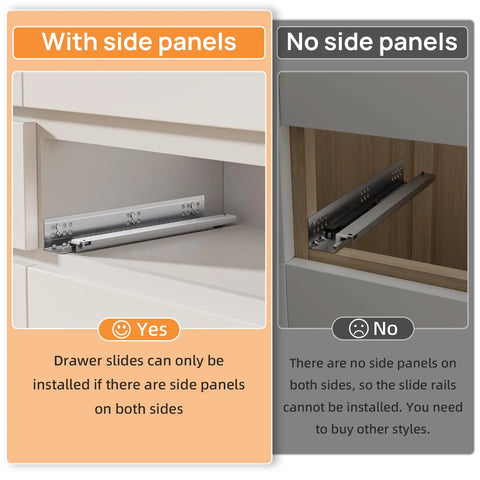 Comparison of Heavy Duty Soft Close Undermount Drawer Slides For Frameless Cabinets with and without side panels.
