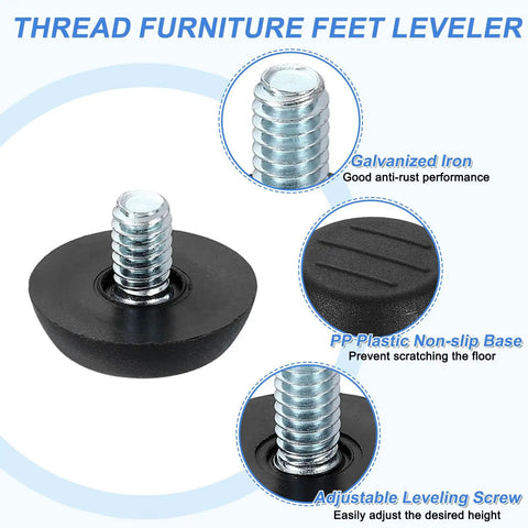 16 Pack One Quarter Inch Thread Furniture Feet Levelers With Adjustable Glide Base 23 By 6.5 mm Screw On Chair And Stool Leveling Feet For Tables And Desks Black Finish with galvanized iron and plastic non-slip base.