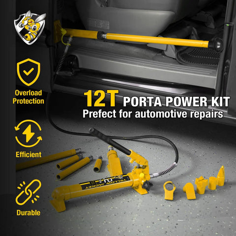 Badass 12 Ton Porta Power Kit Hydraulic Ram Push Pull Tool Set With Leakproof Heavy Duty Steel And Rugged Protective Carry Case Makes Auto Body Repairs A Breeze showing yellow hydraulic ram with components on garage floor.