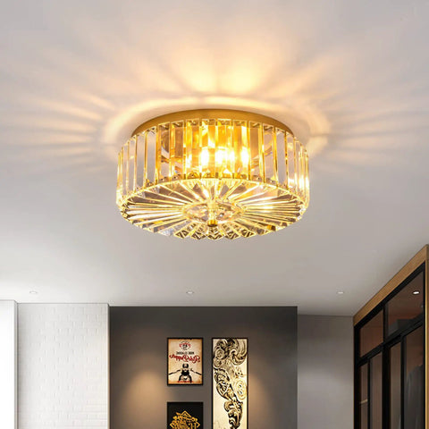 Four Light Crystal Drum Ceiling Light Fixture With Gold Brass Finish, Flush Mount Round Metal Shade in bright room