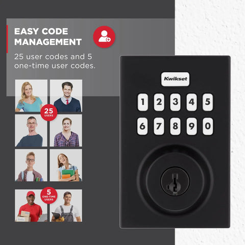 Slick Matte Black Electronic Deadbolt Door Lock With 10 Button Keypad for Zero Fuss Keyless Entry and Hella Secure Auto Locking, showing keypad and user management.