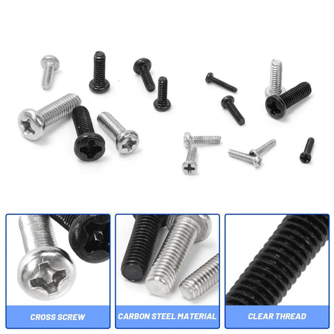 Built Tough Black Carbon Steel Phillips Pan Head Machine Screws 1200 Piece Heavy Duty Tiny Bolt Assortment displayed in various sizes and colors.