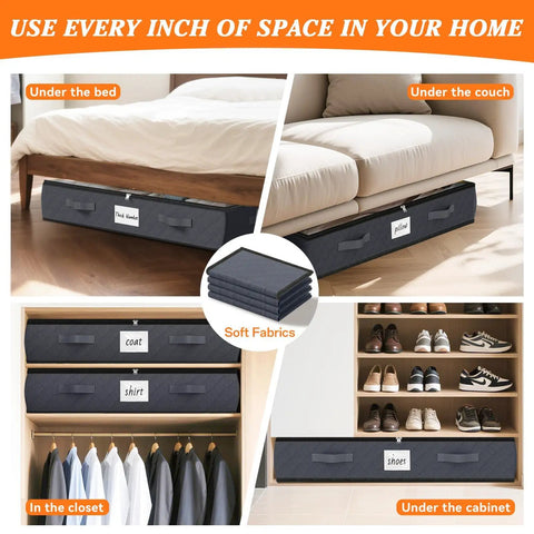 Solid Soft Fabric Under Bed Storage Containers Real Deal 90 Liter Capacity Heavy Duty Bedroom Organizers shown under bed, couch, closet, and cabinet.
