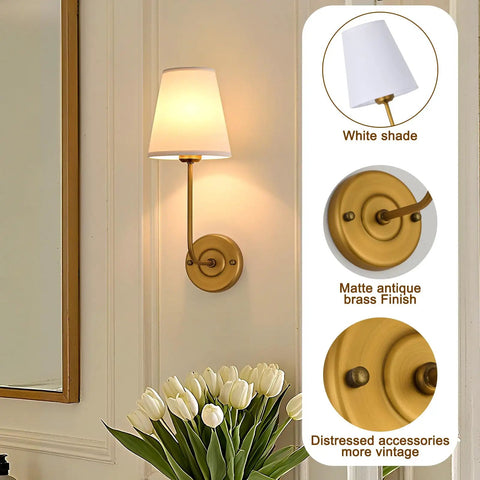Hardwired Wall Sconce Set Of 2 With Flared White Textile Shade And Curved Arm In Antique Brass Finish Installed on Wall