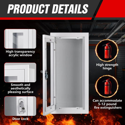 Semi Recessed Fire Extinguisher Cabinet For 5-12 Lb Extinguishers, White Baked Enamel Steel Wall Mount With Lock And Full Clear Acrylic Door