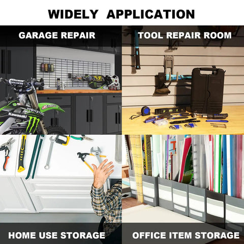 Collage of workshop storage solutions for garage, tool room, home, and office
