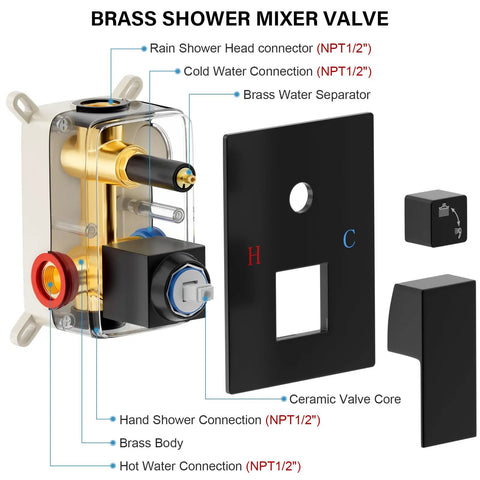 Brass shower mixer valve parts with connectors and ceramic core, for Top Shelf Matte Black Rain Shower Set With Heavy Duty Solid Brass Mixing Valve And 10 Inch Round Head For A Snappy Daily Setup In Your Modern Bathroom Space.