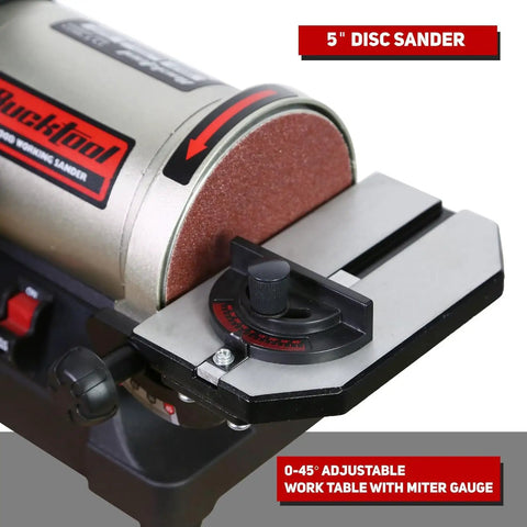 5-inch disc on the 1x30 Inch Bench Belt Sander with adjustable table, wrench storage, one button cover removal, and direct drive motor.