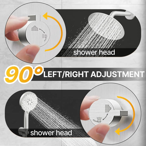 8 Inch Brushed Nickel Shower Faucet Trim Kit With Air Blended Pressure Rain Head And Handheld Sprayer showing 90° left/right adjustment features.