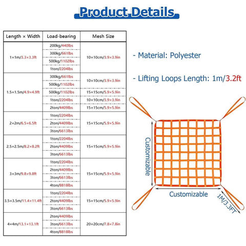 Heavy Duty Cargo Net For Trucks SUVs And Trailers 3.3 By 3.3 Feet with four lifting loops and size details shown
