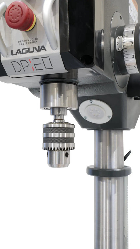 Close-up of Top Notch Benchtop Drill Press 1.5 HP 110V showing precision chuck and motor details for heavy workshop tasks.