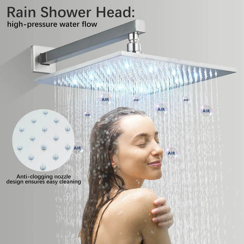 Brushed Nickel Shower System With 12 Inch LED Rainfall Shower Head, Brass Handheld Combo, Bathroom Rain Mixer, Easy DIY Install