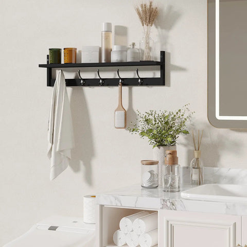 Heavy Duty Wall Mounted Shelf With Five Dual Hooks Straight Up Game Changer Entryway Coat Rack For Small Apartments Bathrooms And Bedrooms In Matte Black with towels and decor.
