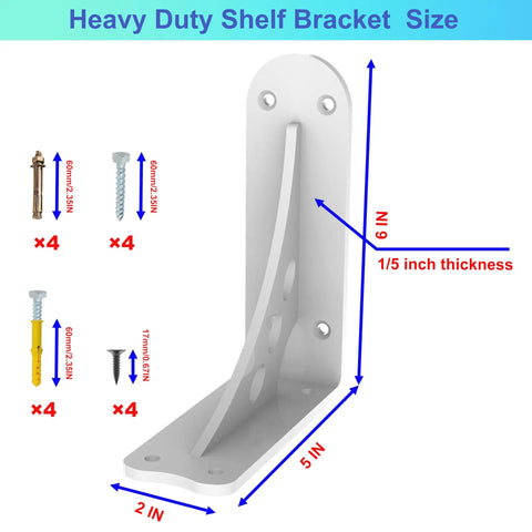 White Heavy Duty Floating Shelf Brackets Tough As Nails Rock Solid Wall Mount Supports Handles Massive Loads With No Sweat Reinforced Steel Bracket Hardware For Kitchen And Laundry Room, 6x5 inches, 1/5 inch thick.