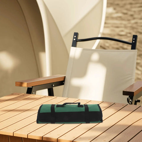 Chef Knife Roll Bag For Outdoor Cooking And Camping Portable Cutter Carrier in dark green on outdoor table