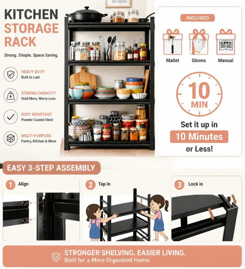 44 Inch Tall Adjustable Kitchen Storage Shelf Four Tier Metal Bakers Rack for Pots Pans and Pantry Staples Sturdy Heavy Duty Organizer with 500 lbs per Shelf and Anti Sway Design, setup guide included