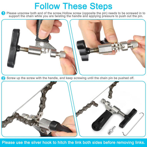 Step-by-step guide for using Bike Chain Repair Tool Kit With Link Pliers Chain Breaker Splitter 6 Pairs Missing Links.