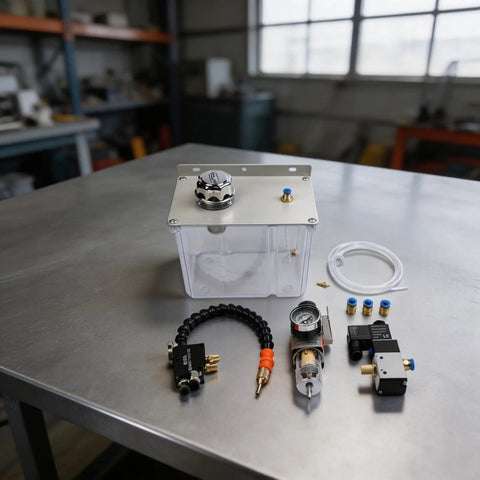 Built Tough Kickass Three Liter Machine Tool Cooling Sprayer With Smooth Precision Dial Solenoid Valve components on stainless steel surface.