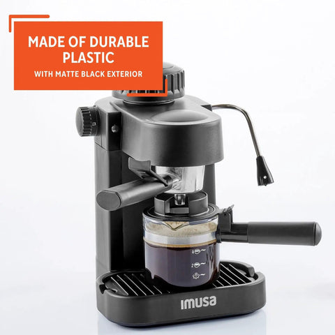 Straight Up Home Barista Vibes With This Compact 4 Cup Electric Espresso And Cappuccino Maker Featuring A Durable Milk Frothing Pitcher For Quick Daily Grind Sessions, black plastic espresso machine with frothing pitcher.