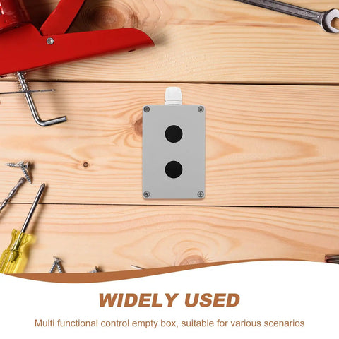 Aluminum Control Switch Box With Two Holes, Outdoor Switch Console Case, Emergency Stop Push Button Station, Built Tough For Industrial Electrical Panels; gray box on wood