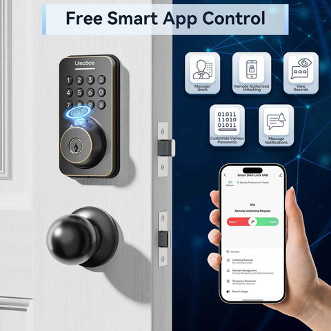 Keyless Entry Door Lock With Handle Set And WiFi App Control Fingerprint Scanner Electronic Keypad Deadbolt With One Time Code Auto Locking Four Unlocking Methods No Fuss Setup Remote Passcode And Backup Keys Easy To Install Oil Rubbed Bronze Finish in use with smartphone app.