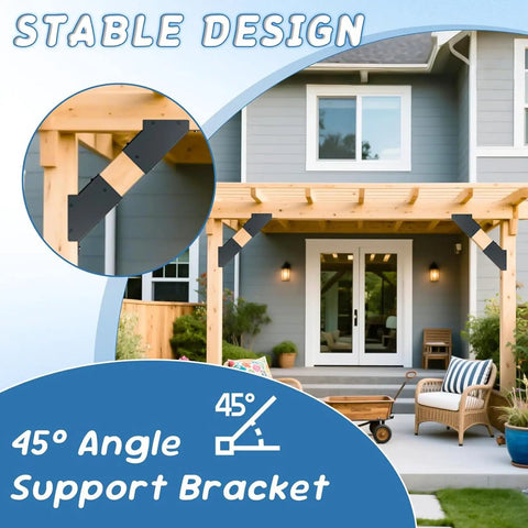 Beefed Up Heavy Duty 45 Degree Arc Wood Post And Beam Angle Brackets Kit in use on a pergola, black, powder coated, 8 pack