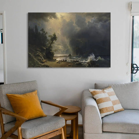 Dope Vintage Canvas Wall Art Featuring Puget Sound On The Pacific Coast By Albert Bierstadt Lit Landscape Print ready to hang in a modern living room.