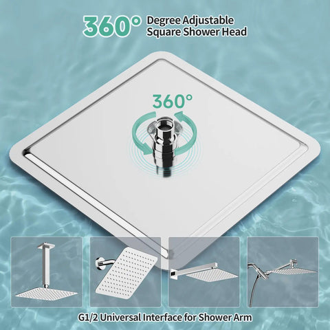 Luxury 12 Inch Square Stainless Steel Shower Head With High Pressure Rainfall Ultra Thin Design Water Saving Polished Chrome Finish