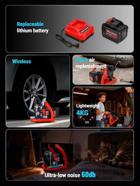 Ultra Quiet Cordless Air Compressor Compatible With Makita 18V 21V Battery, Lithium battery and features displayed on various surfaces.