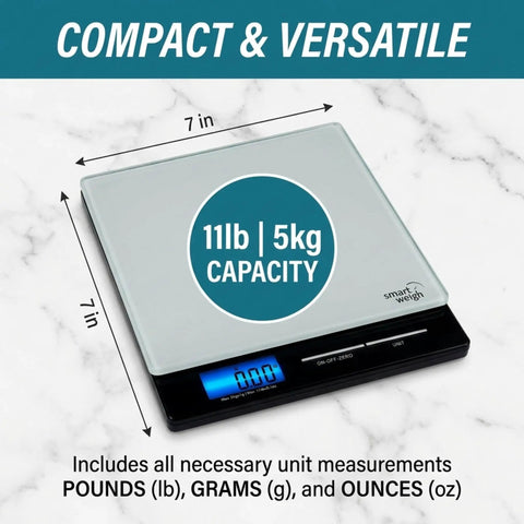 Get Your Hands on This Highly Accurate Digital Postal Scale Featuring a Durable Tempered Glass Platform Perfect for Weighing USPS Mail Letters and Packages Up to Eleven Pounds. Compact 7-inch design with digital display.