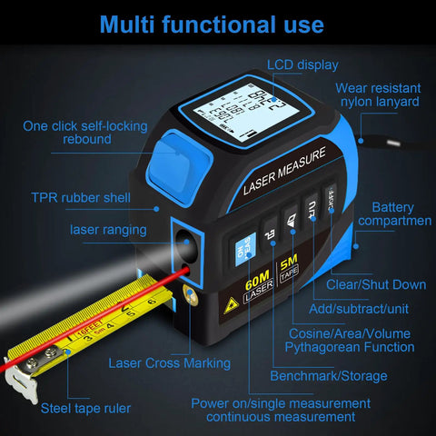 4 In 1 Laser Measure Tool With 60m Range Laser Distance Meter And 16Ft Self Locking Tape Cross Line Dual Axis Angle Finder Rechargeable Pro Grade Build Kit For Pros with LCD display and steel tape