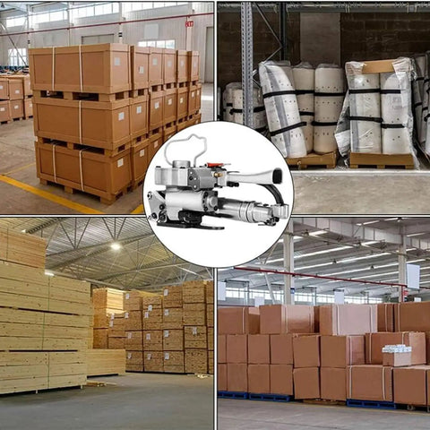 Heavy Duty Pneumatic Strapping Machine With Friction Heat Welding Portable Hand Baler For Warehouse Packing Handles Heavy Loads Without A Sweat Smooth Operation Every Time in a warehouse with stacked boxes.