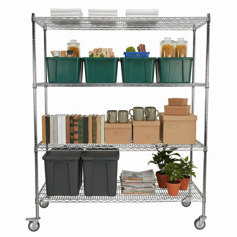 Rugged Five Tier Heavy Duty Wire Storage Rack On Wheels With Shelves Rust Resistant Steel Waterproof Liners NSF Certified